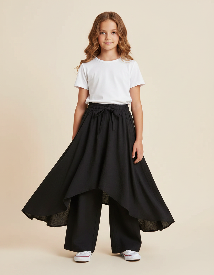 Pantalon Jupe Noir Coton Lin Ample Superposé Fille