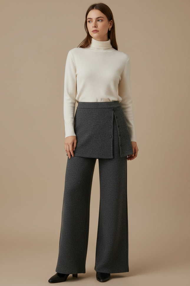 Pantalon Jupe Gris Évasé Boutonné Élégant Hiver - Maille