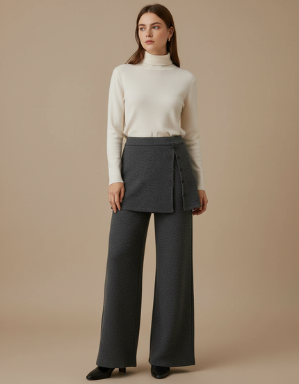 Pantalon Jupe Gris Évasé Boutonné Élégant Hiver - Maille