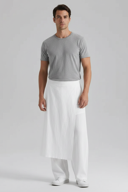 Pantalon Jupe Blanc Coton Lin Ample Asymétrique Décontracté