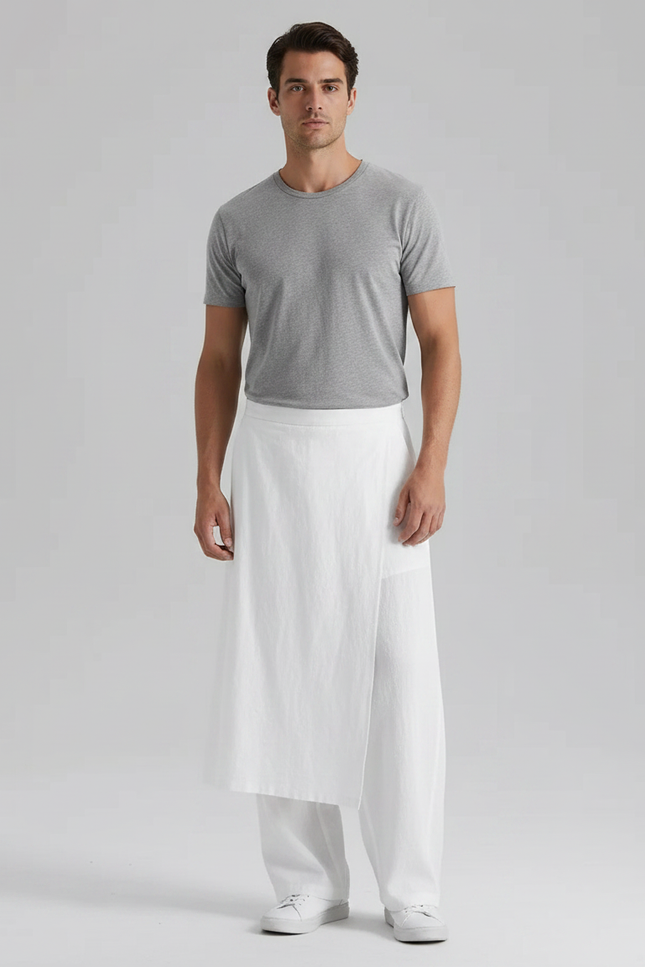 Pantalon Jupe Blanc Coton Lin Ample Asymétrique Décontracté