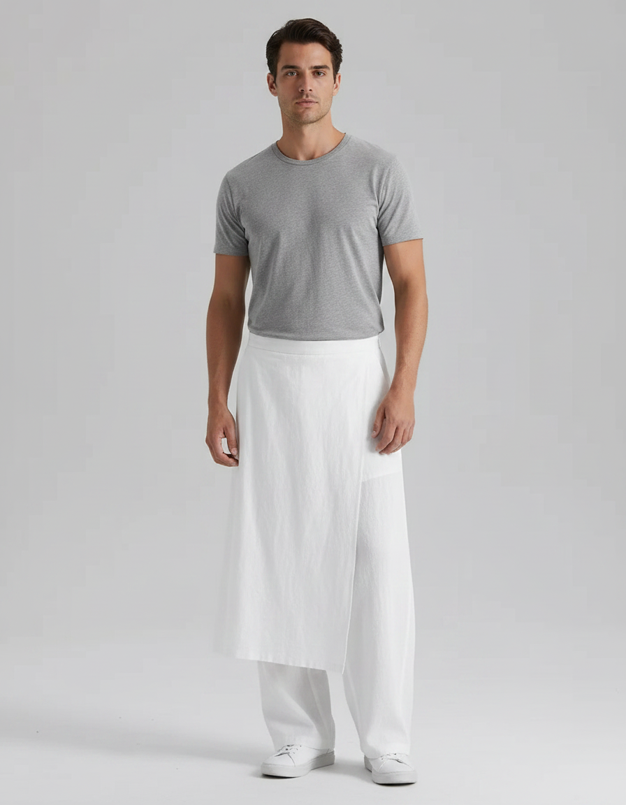 Pantalon Jupe Blanc Coton Lin Ample Asymétrique Décontracté