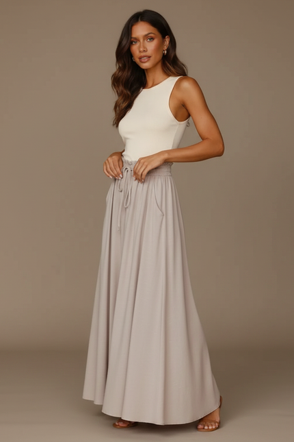 Pantalon Jupe Gris Clair Ample Fluide Élégant Décontracté - Viscose