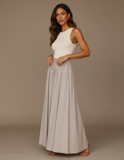 Pantalon Jupe Gris Clair Ample Fluide Élégant Décontracté - Viscose