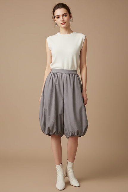 Pantalon Jupe Gris Ample Ballon Fluide Femme - Polyester