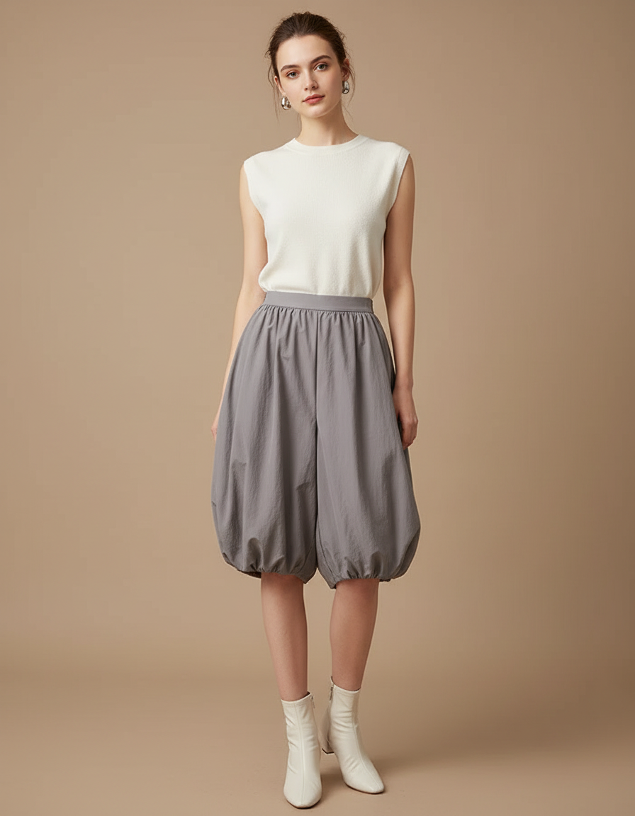 Pantalon Jupe Gris Ample Ballon Fluide Femme - Polyester