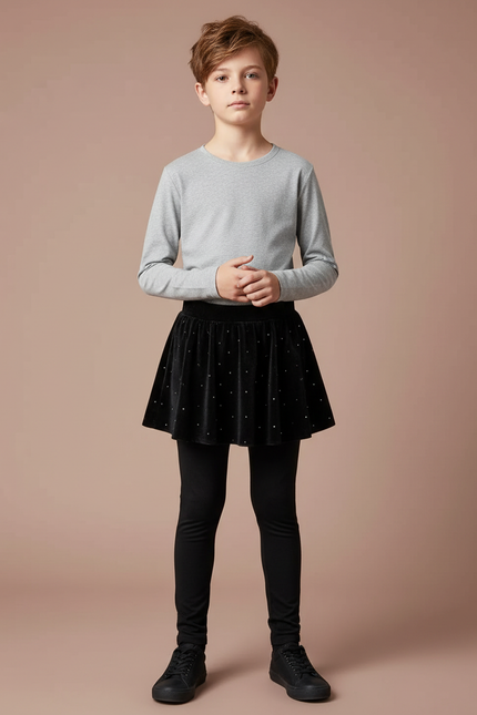 Pantalon Jupe Noir Velours Étoiles Fille - Maille
