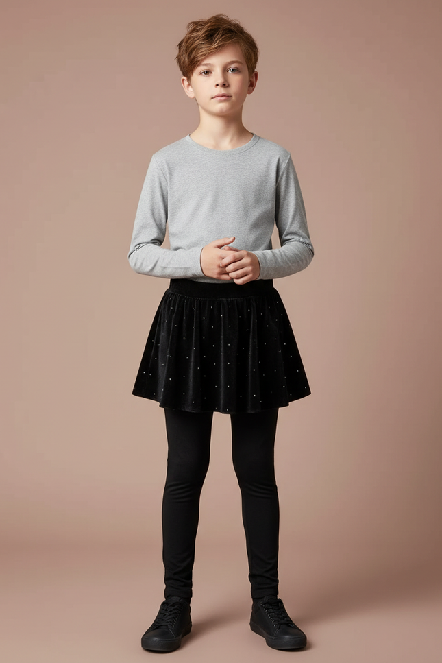 Pantalon Jupe Noir Velours Étoiles Fille - Maille