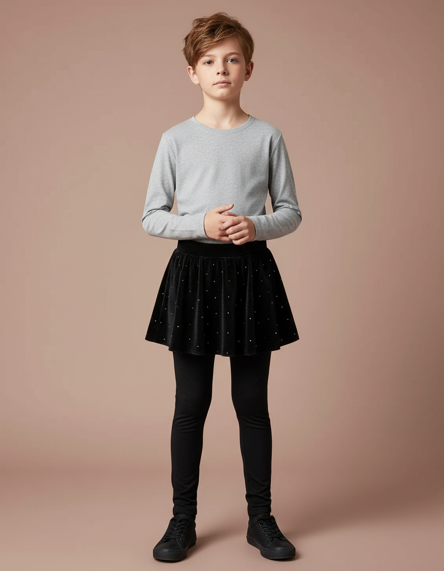 Pantalon Jupe Noir Velours Étoiles Fille - Maille