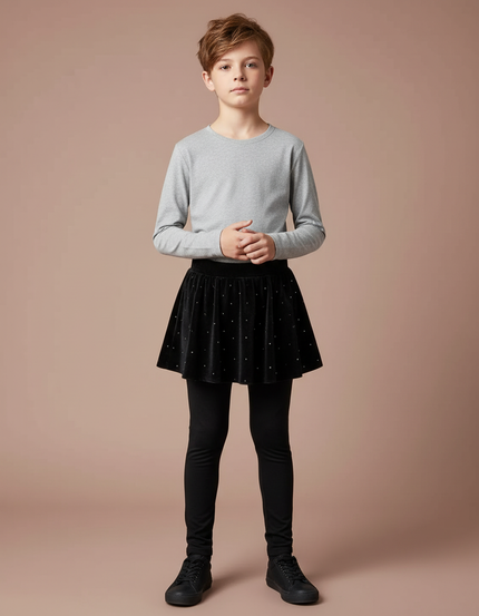Pantalon Jupe Noir Velours Étoiles Fille - Maille