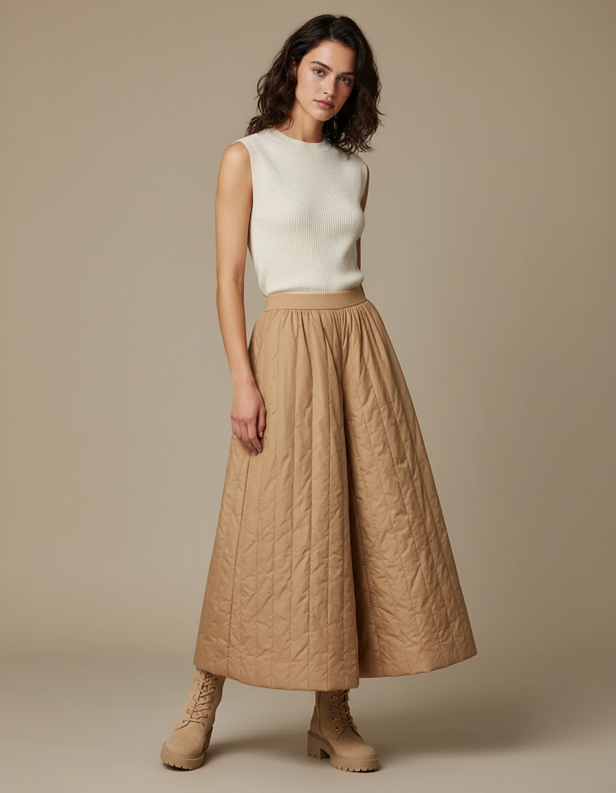 Pantalon Jupe Beige Matelassé Ample Hiver Décontracté - Polyester