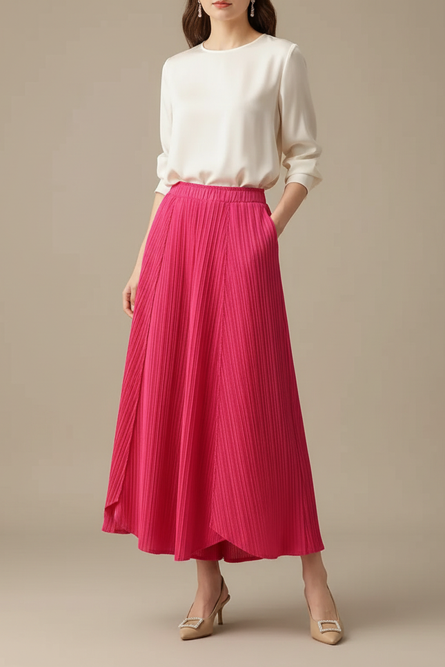 Pantalon Jupe Plissé Rose Fuchsia Fluide Asymétrique Élégant - Polyester