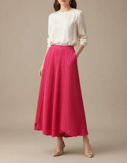 Pantalon Jupe Plissé Rose Fuchsia Fluide Asymétrique Élégant - Polyester