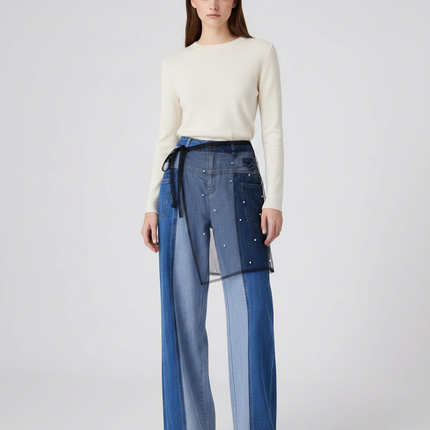 Pantalon Jupe Denim Patchwork Jupe-culotte Perles Tulle - Multicolore Jean