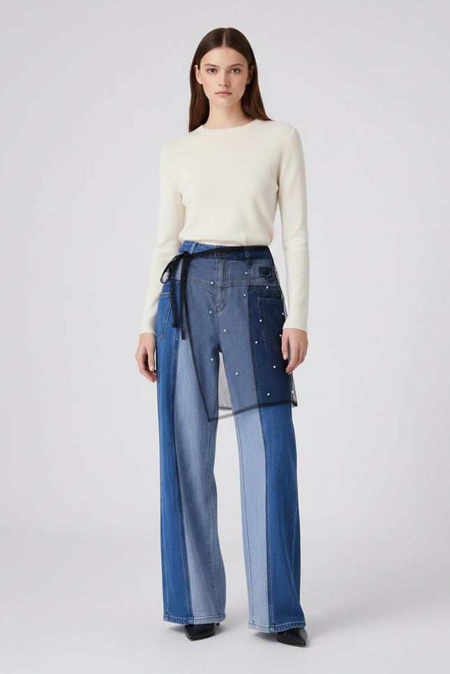Pantalon Jupe Denim Patchwork Jupe-culotte Perles Tulle - Multicolore Jean