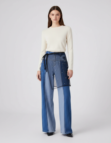 Pantalon Jupe Denim Patchwork Jupe-culotte Perles Tulle - Multicolore Jean