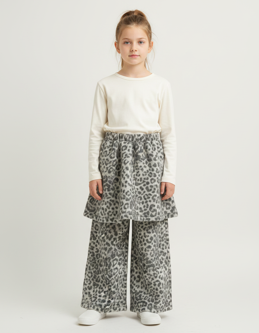 Pantalon Jupe Léopard Épais Chaud Polaire Fille - Gris Molleton