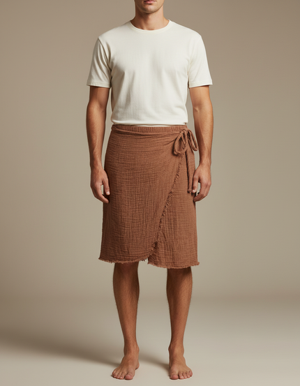 Pantalon Jupe Marron Lin Irrégulier Décontracté Homme