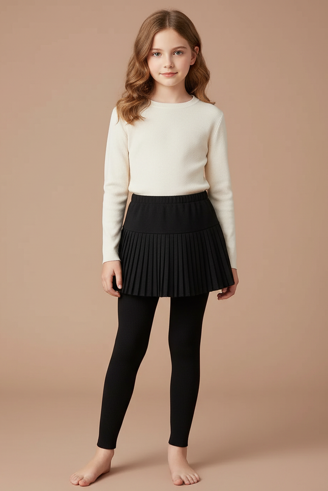 Pantalon Jupe Noir Plissé Coton Intégré Fille - Maille