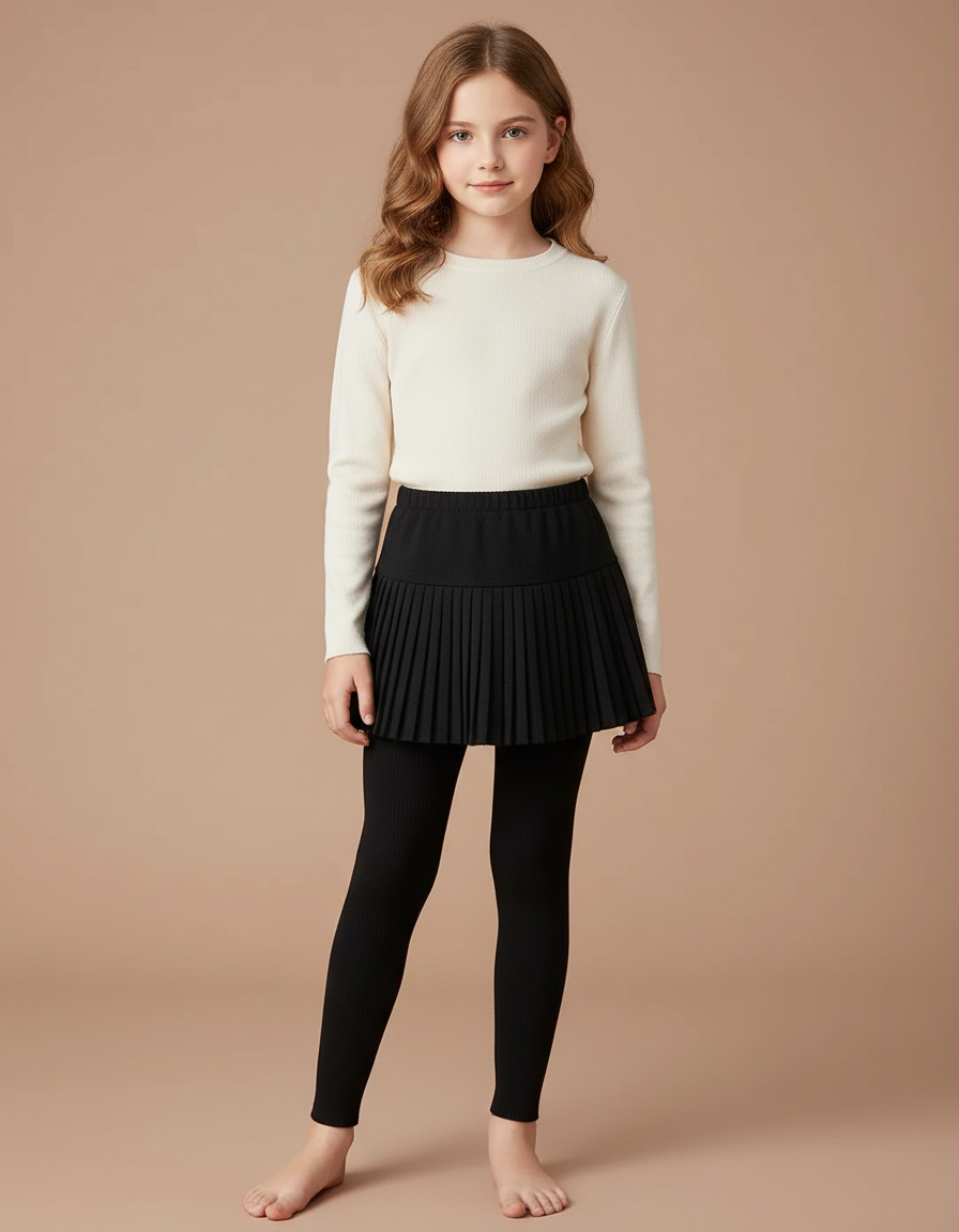 Pantalon Jupe Noir Plissé Coton Intégré Fille - Maille