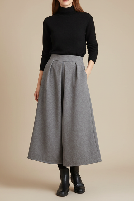 Pantalon Jupe Gris Laine Ample Plissé Élégant