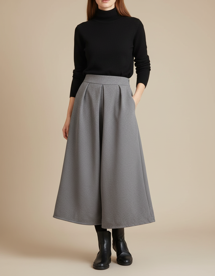 Pantalon Jupe Gris Laine Ample Plissé Élégant