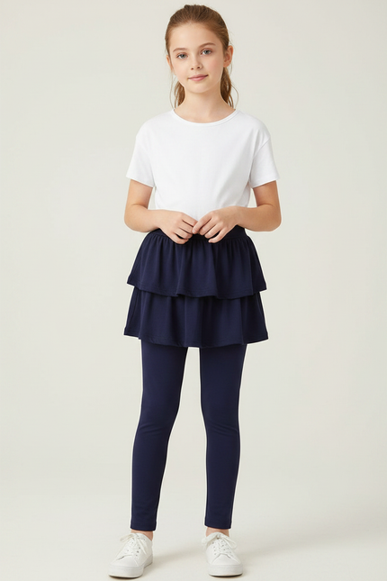 Pantalon Jupe Bleu Marine Superposé Volants Coton Confortable
