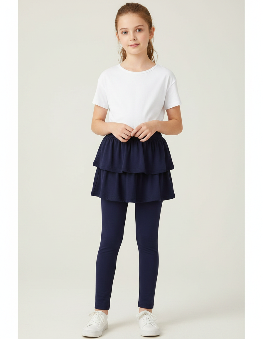 Pantalon Jupe Bleu Marine Superposé Volants Coton Confortable