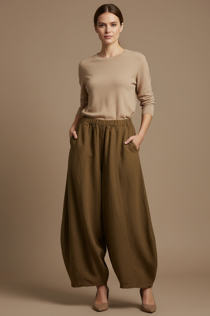 Pantalon Jupe Vert Ample Lin Confortable Fluide Élégant - Kaki