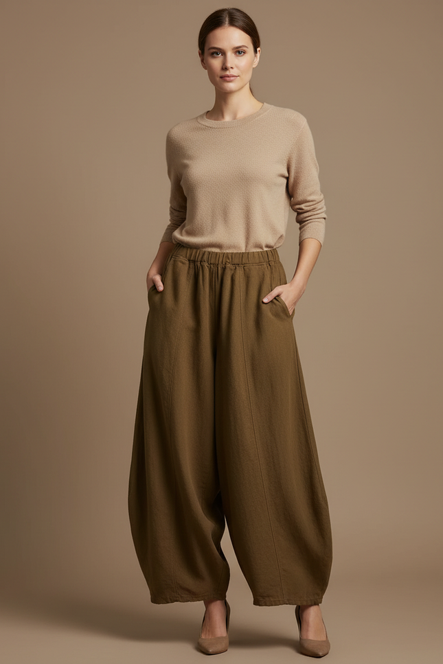 Pantalon Jupe Vert Ample Lin Confortable Fluide Élégant - Kaki