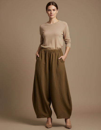 Pantalon Jupe Vert Ample Lin Confortable Fluide Élégant - Kaki