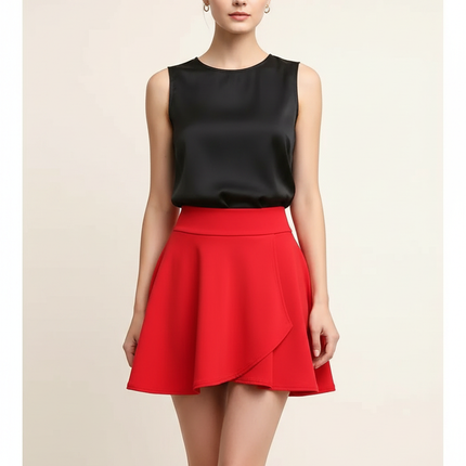 Pantalon Jupe Rouge Évasée Taille Haute Élégante - Polyester