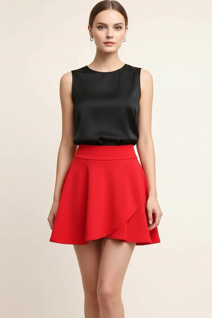 Pantalon Jupe Rouge Évasée Taille Haute Élégante - Polyester