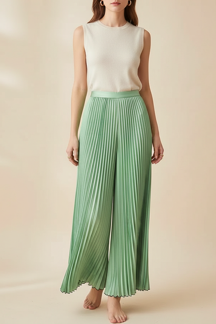Pantalon Jupe Plissé Vert Ample Élégant Fluide - Polyester