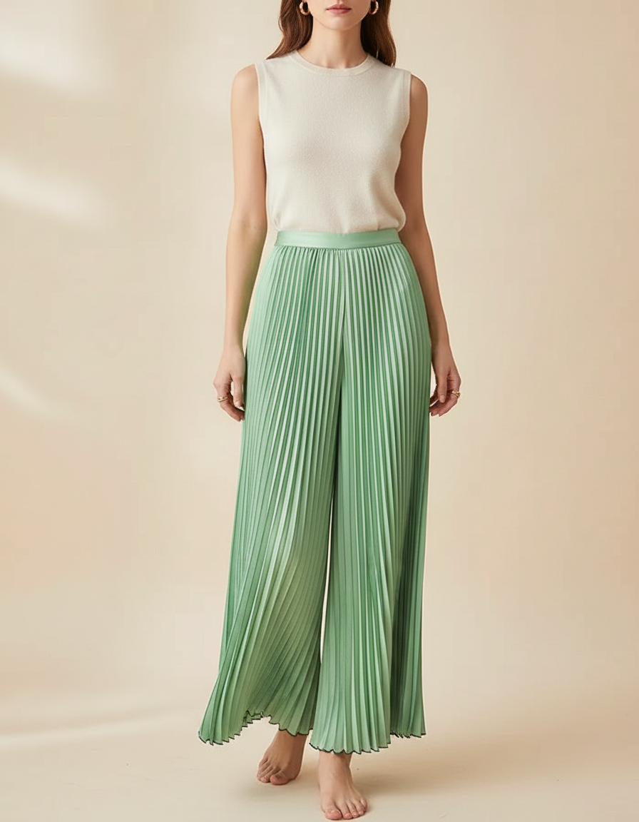 Pantalon Jupe Plissé Vert Ample Élégant Fluide - Polyester