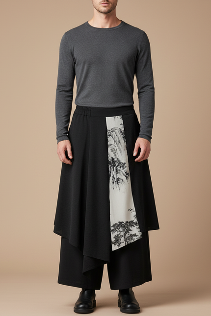 Pantalon Jupe Noir Ample Asymétrique Paysage - Polyester