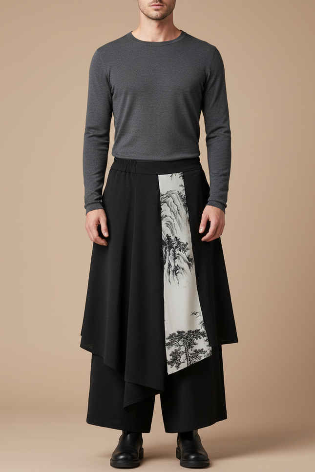 Pantalon Jupe Noir Ample Asymétrique Paysage - Polyester
