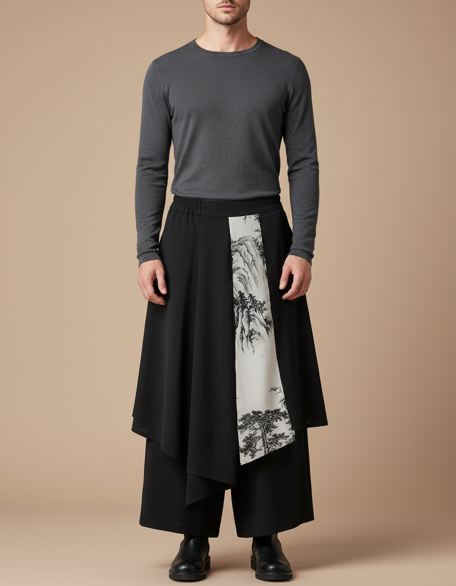 Pantalon Jupe Noir Ample Asymétrique Paysage - Polyester