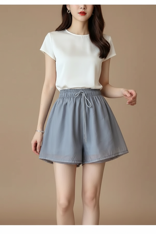 Pantalon Jupe Gris Fluide Chiffon Ample Cordon - Polyester
