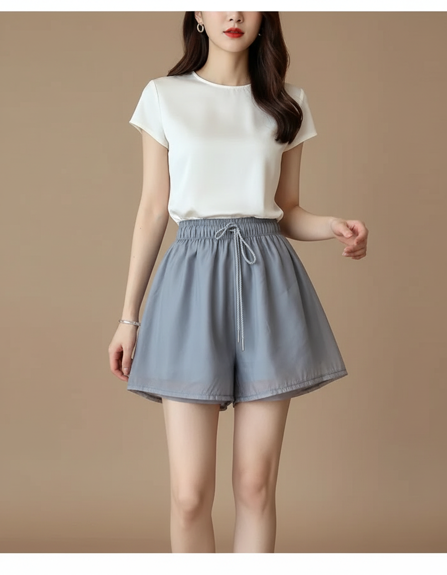 Pantalon Jupe Gris Fluide Chiffon Ample Cordon - Polyester