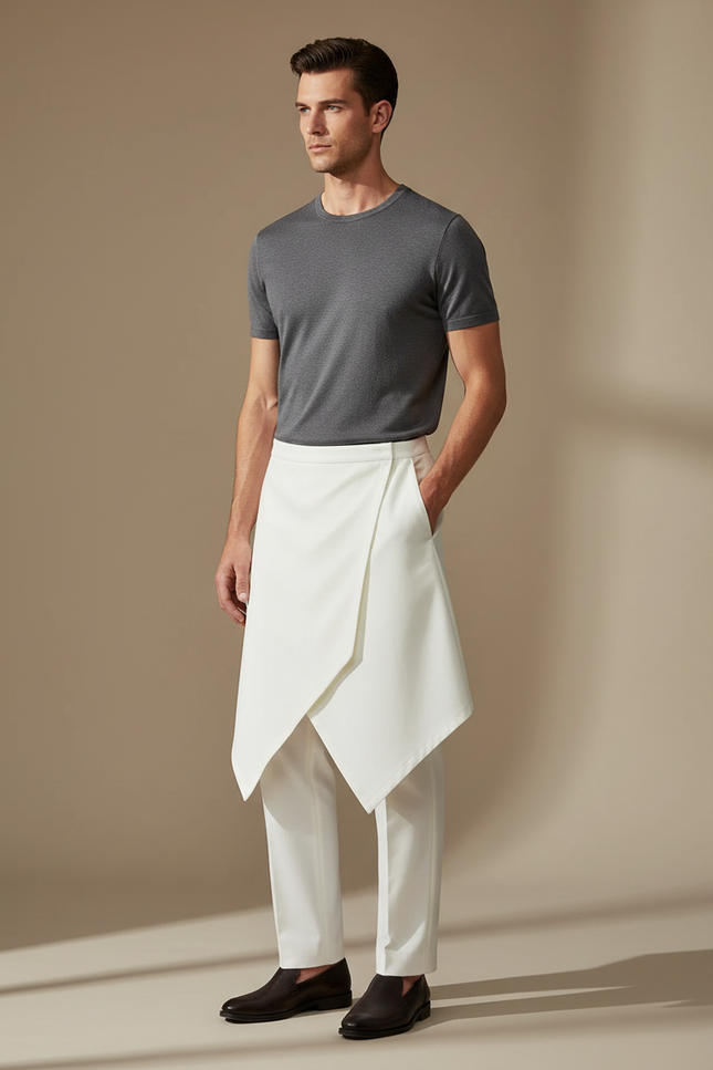 Pantalon Jupe Homme Blanc Asymétrique Élégant Moderne - Gabardine