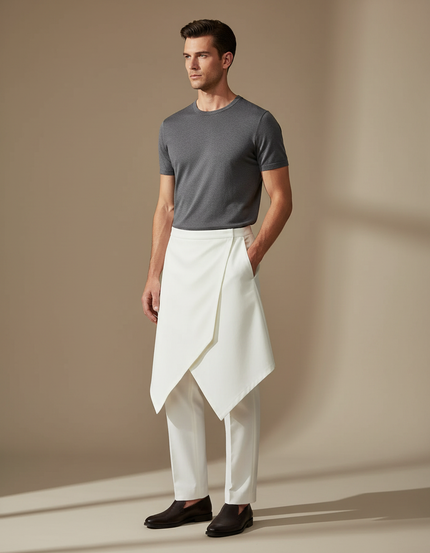 Pantalon Jupe Homme Blanc Asymétrique Élégant Moderne - Gabardine