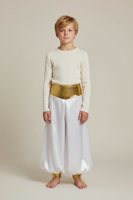 Pantalon Jupe Sarouel Blanc Satiné Doré Enfant