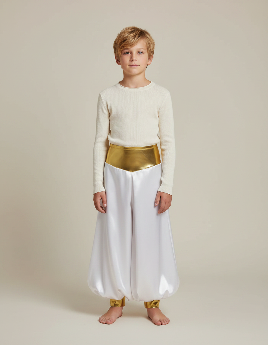Pantalon Jupe Sarouel Blanc Satiné Doré Enfant