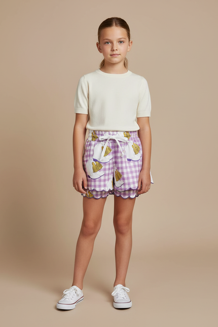 Pantalon Jupe Carreaux Violet Scallopée Coton Enfant
