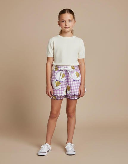Pantalon Jupe Carreaux Violet Scallopée Coton Enfant