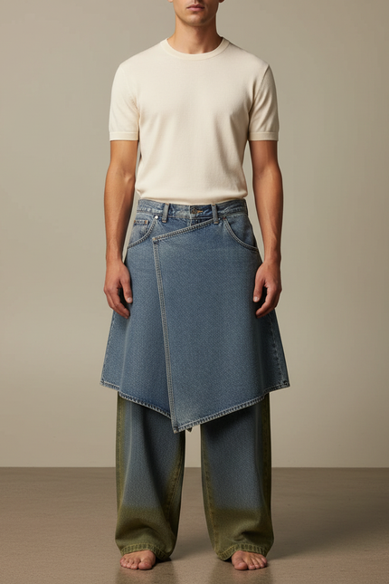 Pantalon Jupe Denim Bleu Ample Dégradé Vert - Multicolore Jean