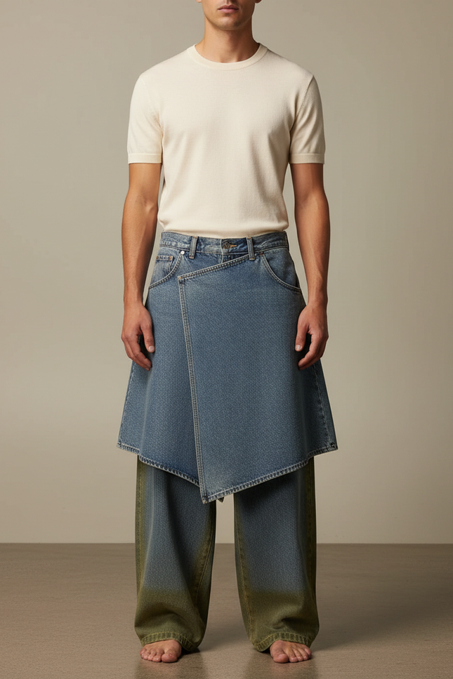 Pantalon Jupe Denim Bleu Ample Dégradé Vert - Multicolore Jean
