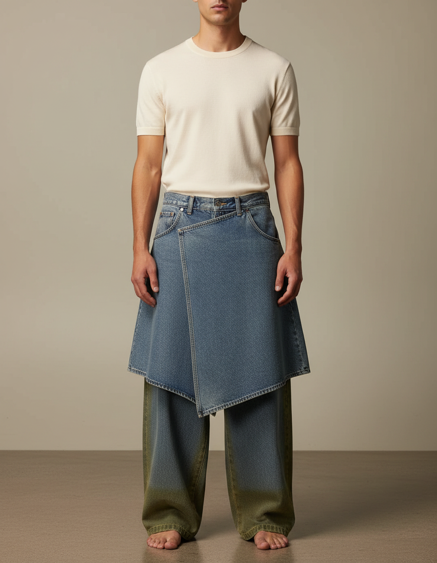 Pantalon Jupe Denim Bleu Ample Dégradé Vert - Multicolore Jean