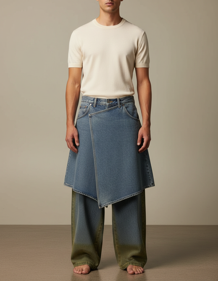 Pantalon Jupe Denim Bleu Ample Dégradé Vert - Multicolore Jean